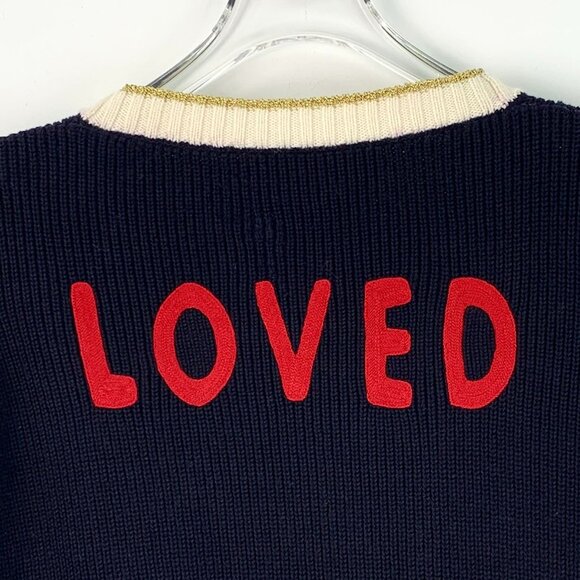 DW0178 Gucci Navy Wool Cardigan With Ivory Trim Red "Loved" Back Detail - Picture 5 of 8